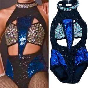 Glamour solo dance costume blue black embellished rhinestone 5549 MC Med child